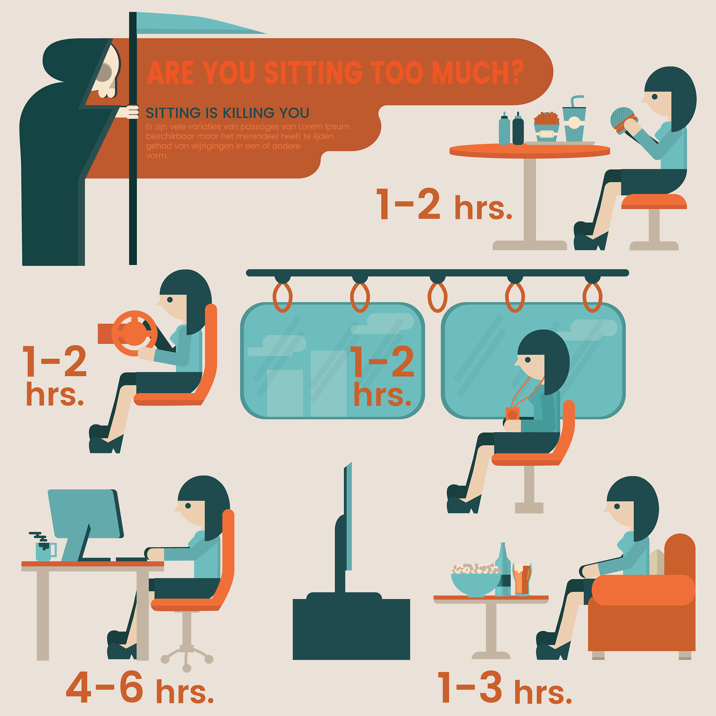 sedentary lifestyle, infographic of the hours we sit down in a day